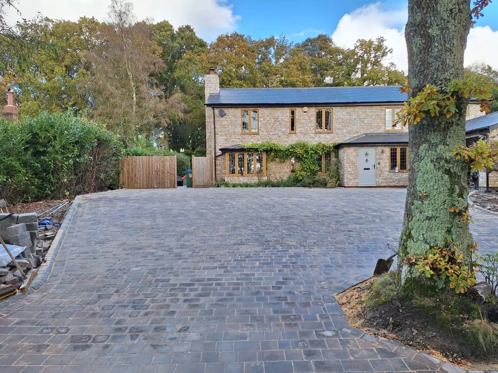 a view of a driveway with a tree and a house in the background